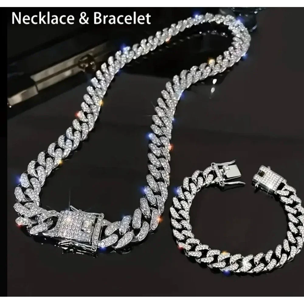 New 18k white gold filled Cuban link chain and bracelet set